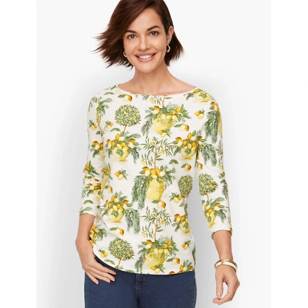 Talbots Women Tee S White Lemon Topiary Print Boat Neck 3/4 Sleeve Cotton Tee